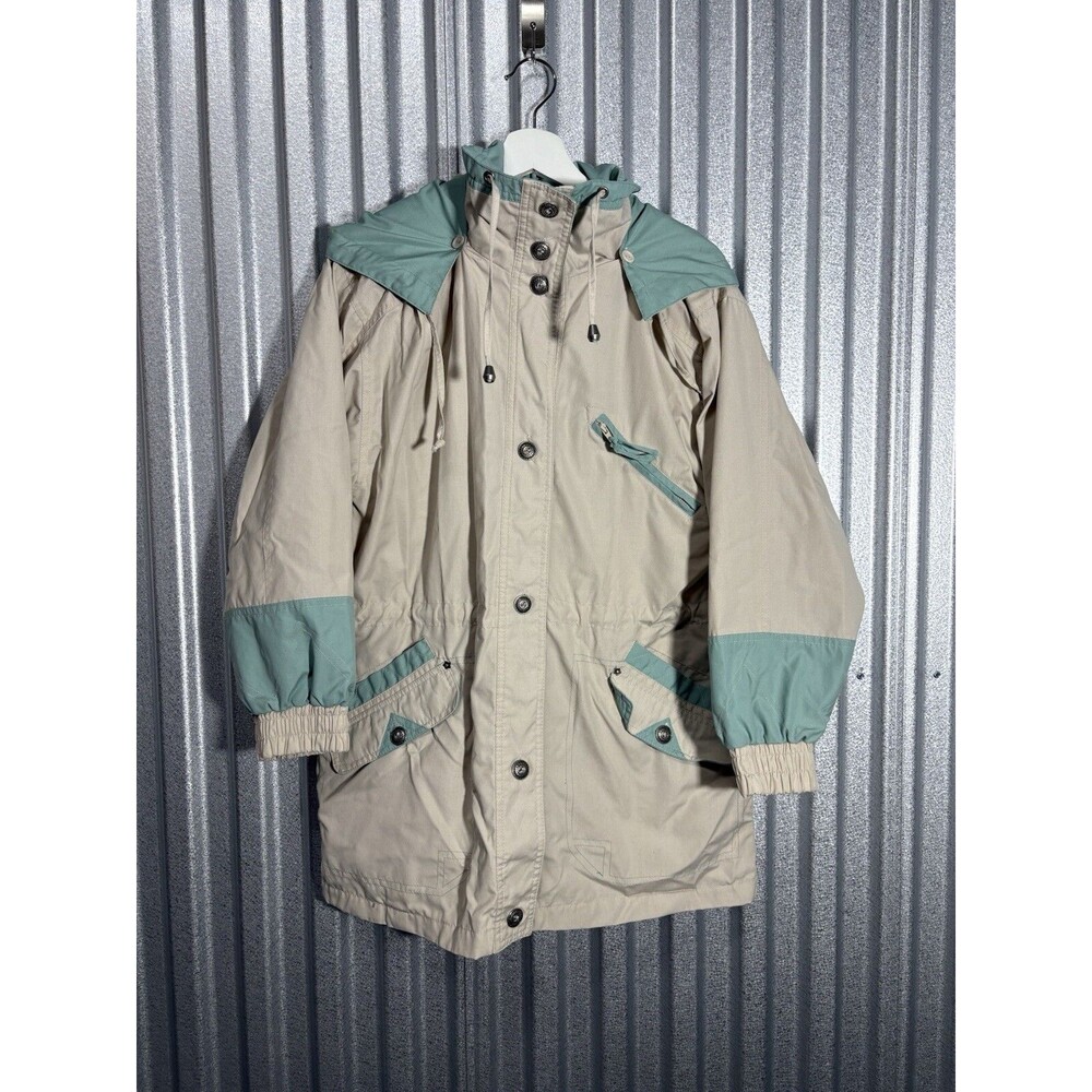 Vintage Current Scene Windbreaker Jacket Small Cream Mint Green Hood Snap Coat
